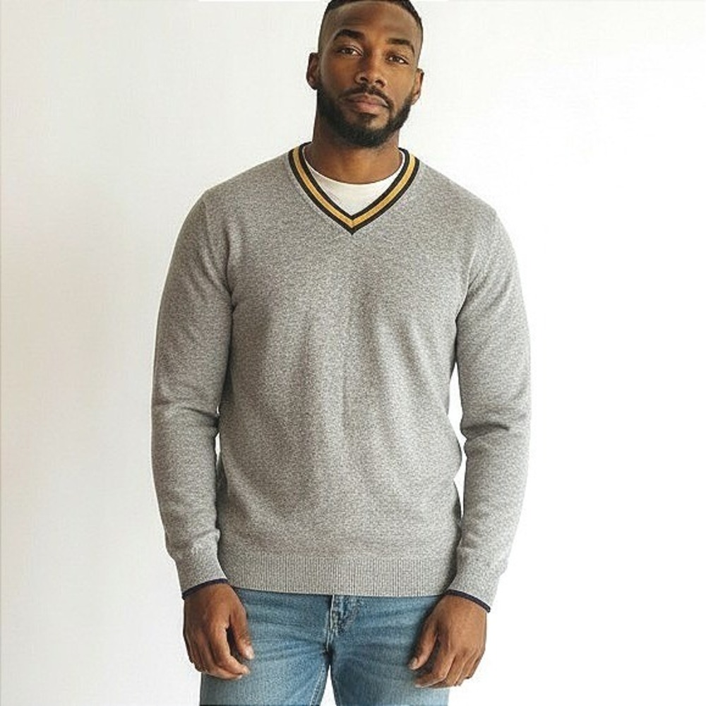 Banana Republic Mens XXL V-Neck Sweater Gray Blue Yellow Striped Trim Knit‎